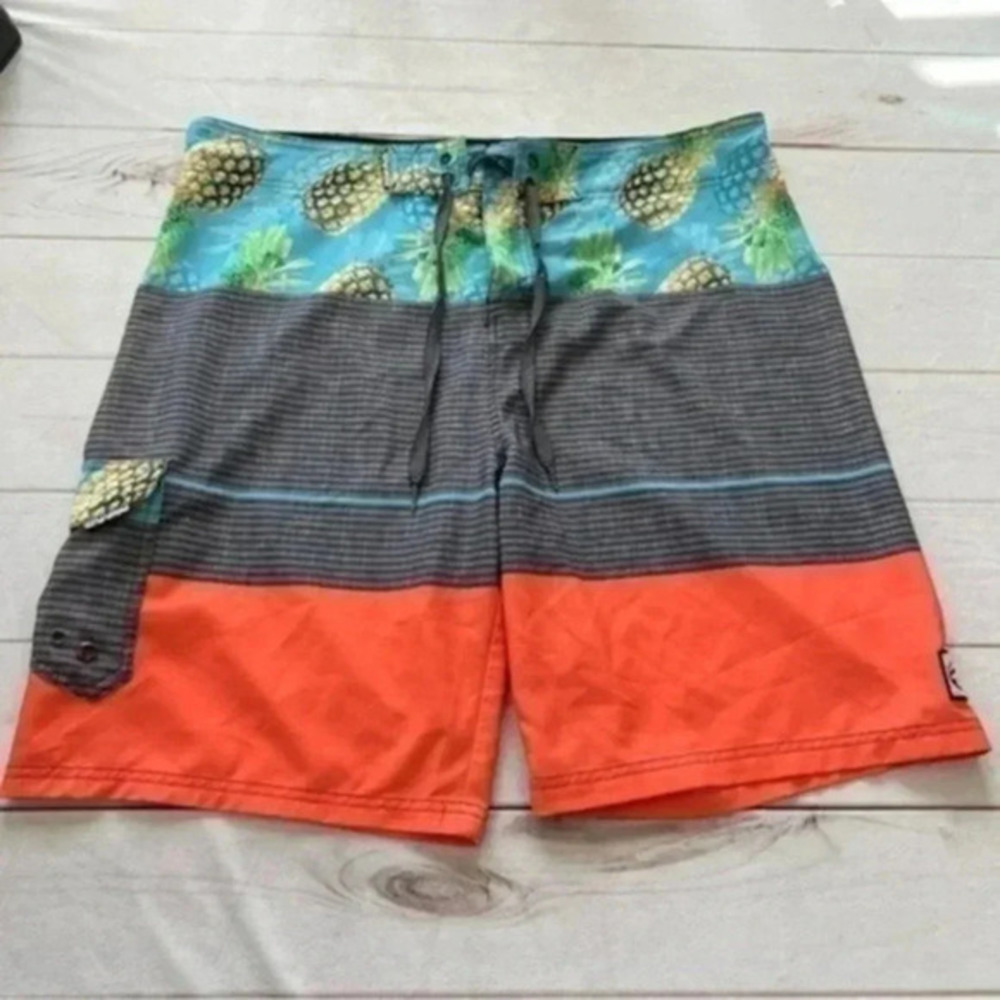 Ocean Current Men's 38 Pineapple Gray Orange Board Shorts Swim Trunks